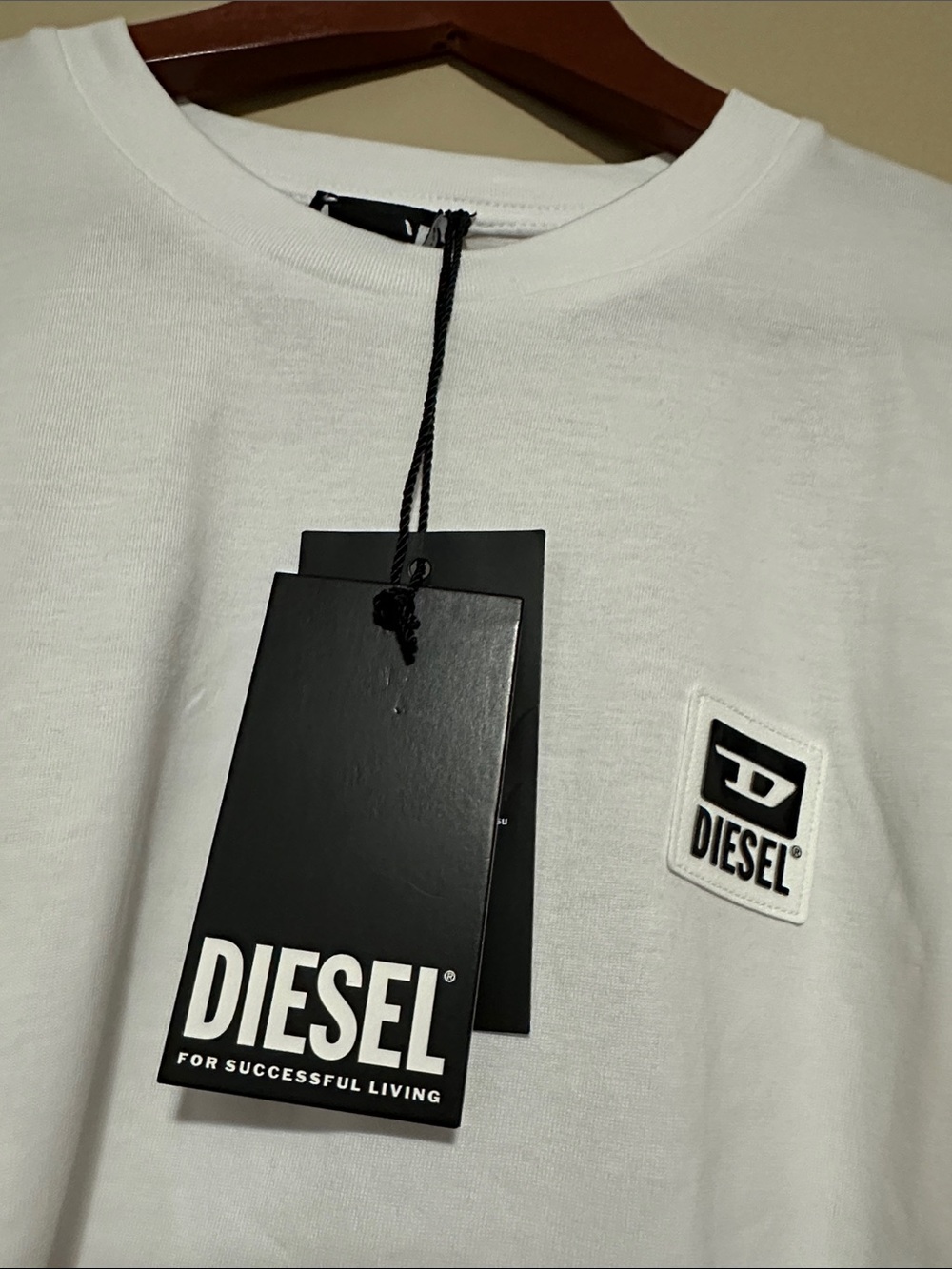 Diesel White Crewneck Shirt with Black Logo Patch size M